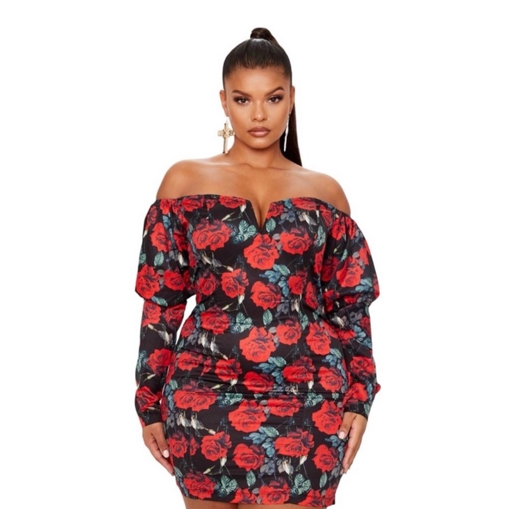 PrettyLittleThing Red Floral Long Sleeve Dress